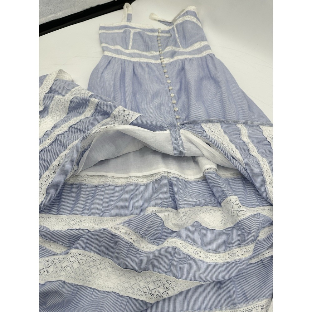 GAP Lace Trim Maxi Dress S Petite Blue Stripe Cotton Button Front Cottagecore - Picture 15 of 16